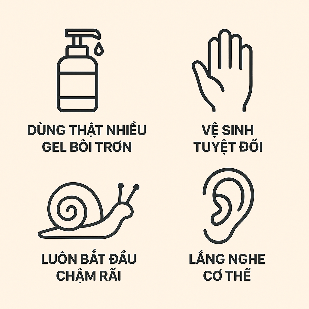 Infographic 4 quy tắc an toàn khi massage tuyến tiền liệt: dùng gel bôi trơn, vệ sinh, đi chậm và lắng nghe cơ thể.